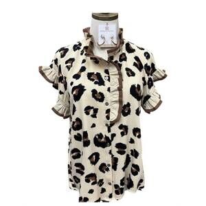 NEW ENTRO women's flutter sleeves ruffle neck top in animal